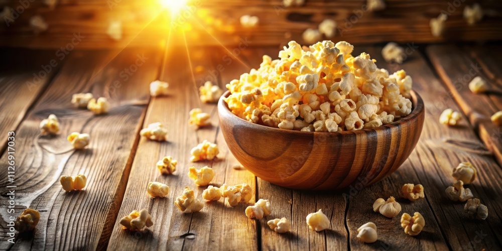 Poster a bowl of popcorn with scattered kernels on a rustic wooden surface bathed in the golden glow of sun