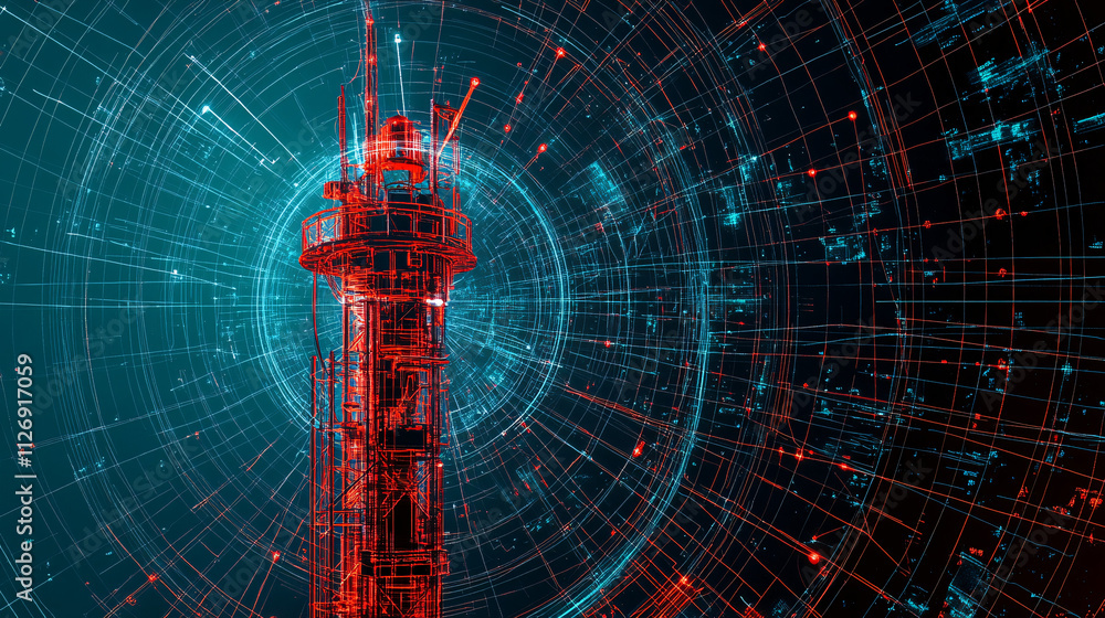 Poster technical line drawing of a telecommunications tower, surrounded by a digital grid, representing glo