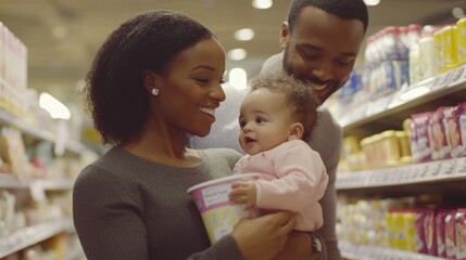 Obraz premium A joyful family shopping together with a baby in a grocery store aisle.