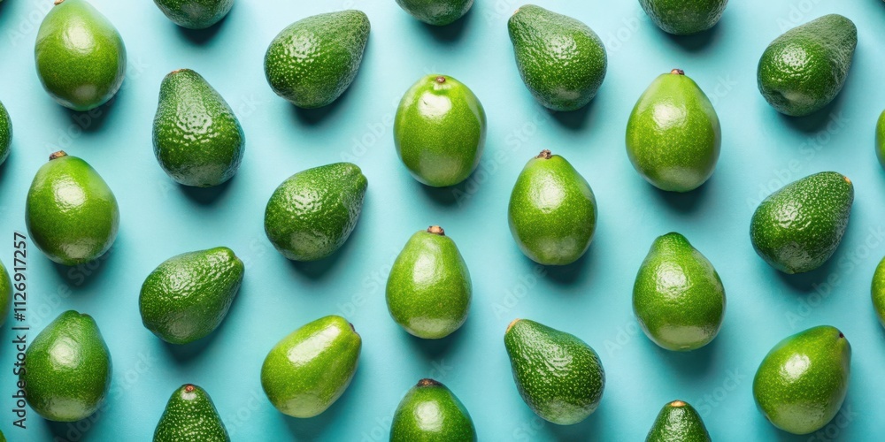 Poster a vibrant pattern of fresh green avocados arranged in a grid on a light blue background.