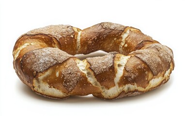 Full-body view of a soft pretzel with glistening salt crystals, set against a white backdrop