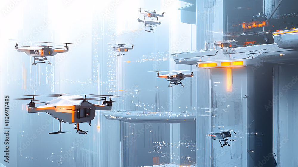 Aufkleber technical sketch of a futuristic drone delivery hub with multiple drones taking off, representing au