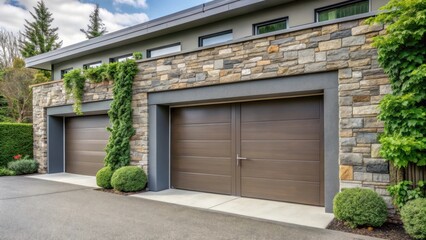 Obraz premium A modern home with a stone facade features two double garage doors, showcasing a contemporary design aesthetic with a touch of natural greenery.