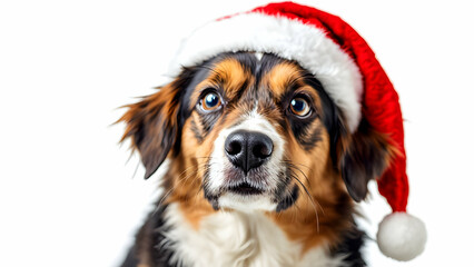 Closeup of a cute tricolor dog, possibly a Border Collie mix, wearing a red Santa hat. The dogs expression is curious and sweet, perfect for a Christmas card.