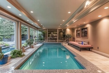 Fototapeta premium Indoor swimming pool area with large windows and seating for relaxation.