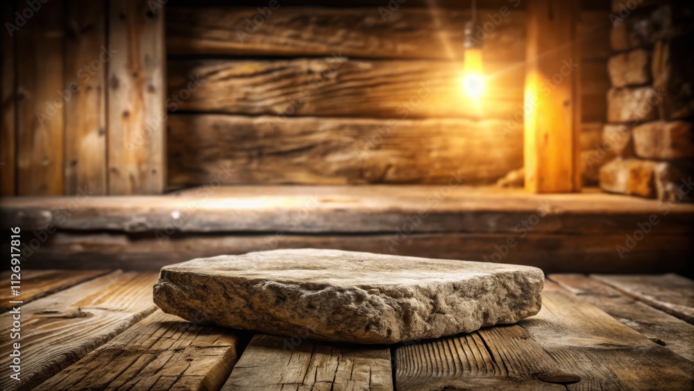 Poster a single stone rests upon wooden planks, bathed in the warm glow of a lightbulb, creating a rustic a