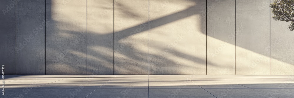 Poster a minimalist concrete wall casts soft shadows, creating a tranquil, modern aesthetic with natural el