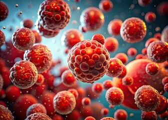 Microscopic Food Photography: Red Blood Cell-like Food Particles Floating in Liquid, Close-up Shot