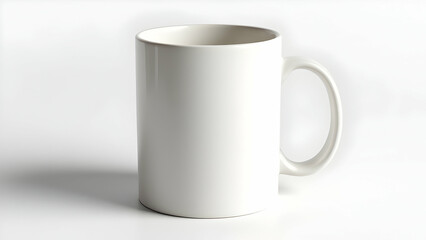 Fototapeta premium A plain white ceramic mug with a simple handle sits on a white background. Its empty and ready for coffee, tea, or other hot beverages. Clean lines, minimalist style.