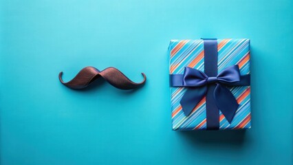 A blue and orange striped gift box with a blue ribbon bow sits next to a brown mustache on a turquoise background