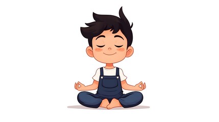 A child in overalls meditating with eyes closed