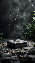 Fototapeta premium A darkgrey gift box with gold ribbon sits on a dark surface, surrounded by gold leaf and dark stones. A dark, moody background with foliage.