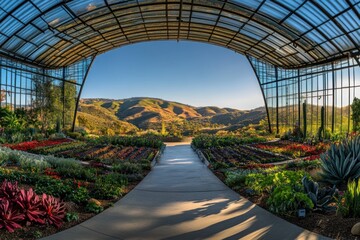 A vibrant garden with colorful plants and a panoramic view of rolling hills.
