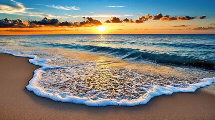 vibrant orange sunset over calm ocean with gentle waves
