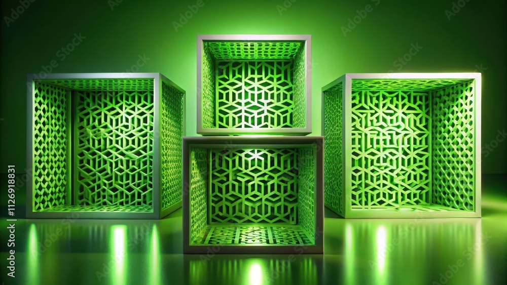 Poster A row of three empty green and white cube frames with geometric pattern designs standing on a green surface