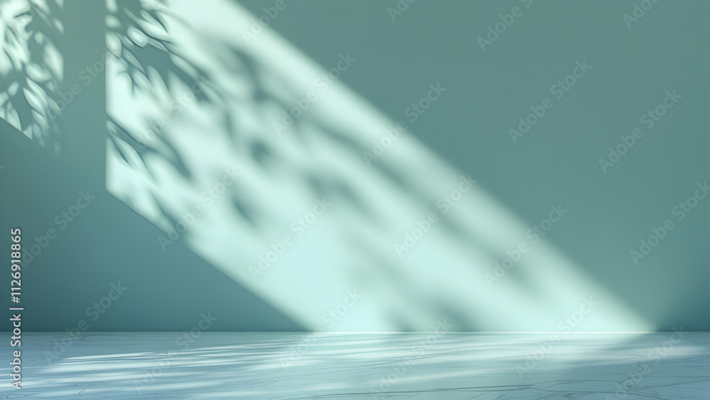 Aufkleber a minimalist image showcases a teal wall and floor bathed in soft sunlight. leaf shadows create a tr