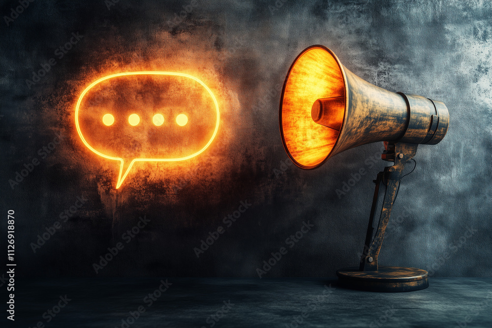 Poster a megaphone with a speech bubble showing an advertisement message, with copy space. subtle, glowing 