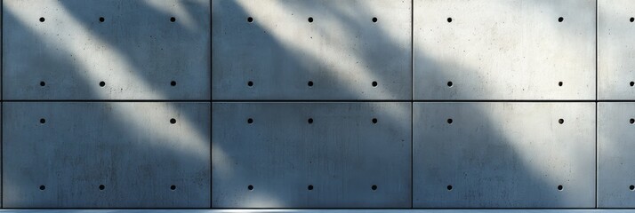 A minimalistic concrete wall with evenly spaced holes, casting soft shadows, showcasing a modern architectural design.