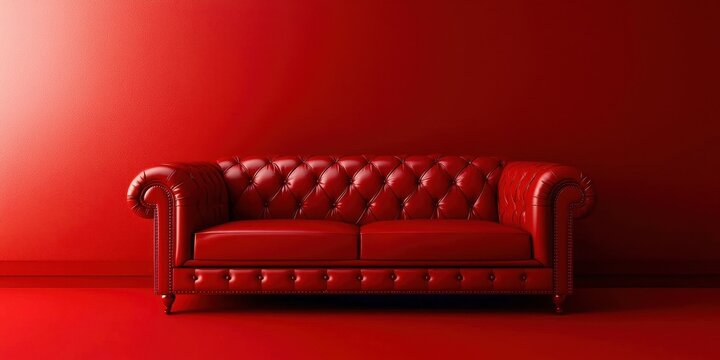 Red couch is sitting in front of a red wall