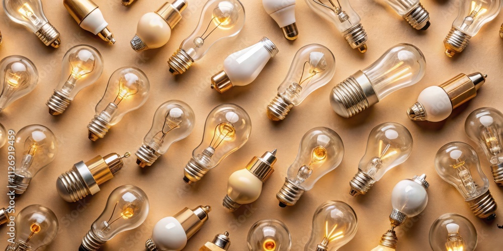 Poster a cluster of incandescent light bulbs arranged in a geometric pattern on a beige background, symboli