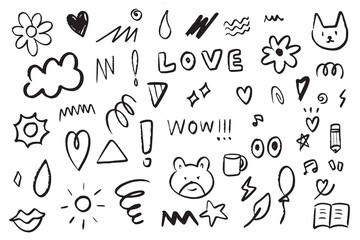 Abstract doodle hand drawn cartoon. Cute stuffs with stroke for element, decoration and illustration. Flower, star, sun, cloud and heart