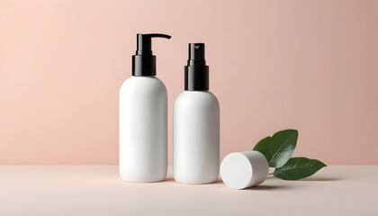 Two sleek white cosmetic bottles, one pump and one spray, stand on a pale pink surface with a leaf and lid. Minimalist aesthetic.