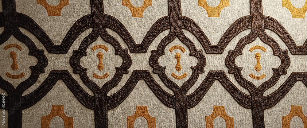 Poster a patterned carpet with a gold and brown design. the design is made up of small squares and circles