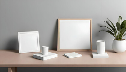 Obraz premium A styled image featuring blank white frames, a plant in a white pot, white cups on stands, and a notebook on a pale pink table against a grey wall. Minimalist aesthetic.