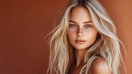 Fototapeta premium Young caucasian female with blonde hair and freckles against a warm background
