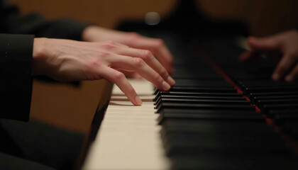 Obraz premium Close up of hands gracefully playing a piano showcasing musical skill and passion.