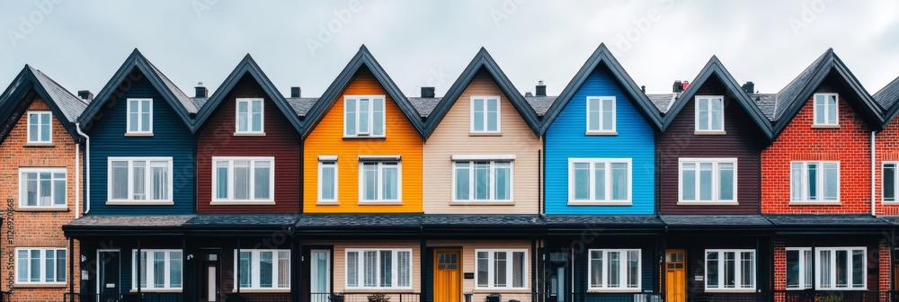 Poster a vibrant row of colorful houses with distinct architectural styles under a cloudy sky.
