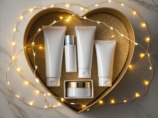 A Collection of blank skincare products in heart shaped box