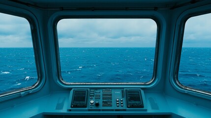 Naklejka premium Navigating the Endless Blue Ship's Bridge View of Ocean Waves Marine Environment Scenic Perspective Tranquil Atmosphere