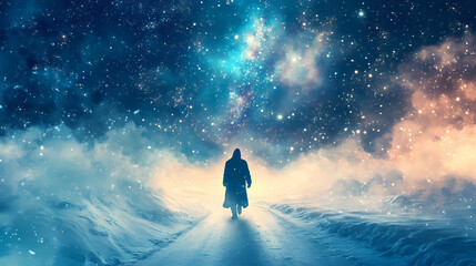 Snowy landscape lone person walking path star filled mage robes digital graphic lament wanderer earth heavenly rapture human staring blankly ahead tundra drifting. Rapture. Illustration