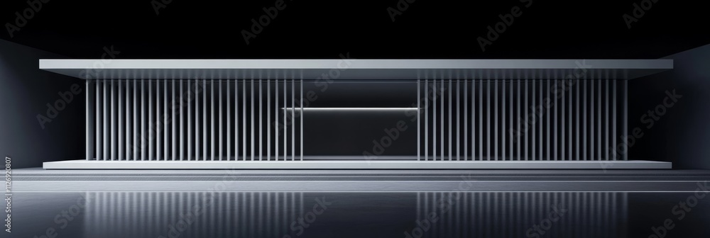 Poster a minimalist architectural design featuring horizontal lines and evenly spaced vertical supports, cr