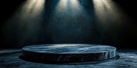 Large black stone platform with a spotlight on it