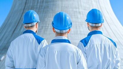 Engineers Overseeing Nuclear Power Plant Operations Nuclear Facility Professional Workforce Outdoor Rear View Energy Management