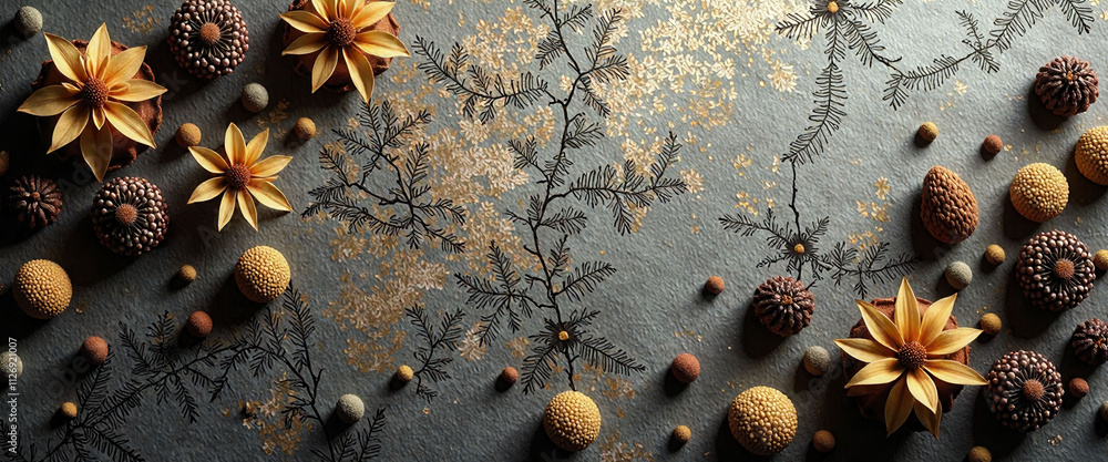 Poster a brown background with a variety of brown objects, including a branch and several balls. the branch