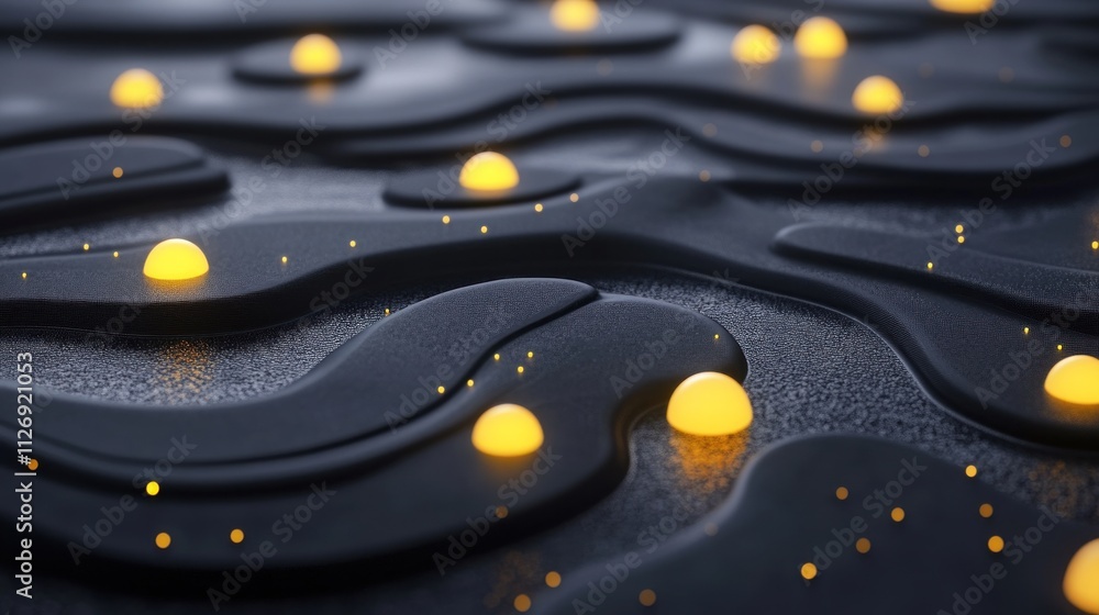 Poster abstract design with glowing orbs on a textured surface, creating a serene atmosphere.