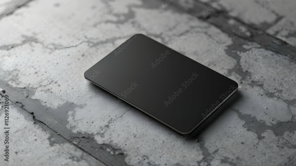 Poster A sleek black tablet rests on a textured gray concrete surface. The image is minimalist, focusing on the devices simple design against a contrasting backdrop.