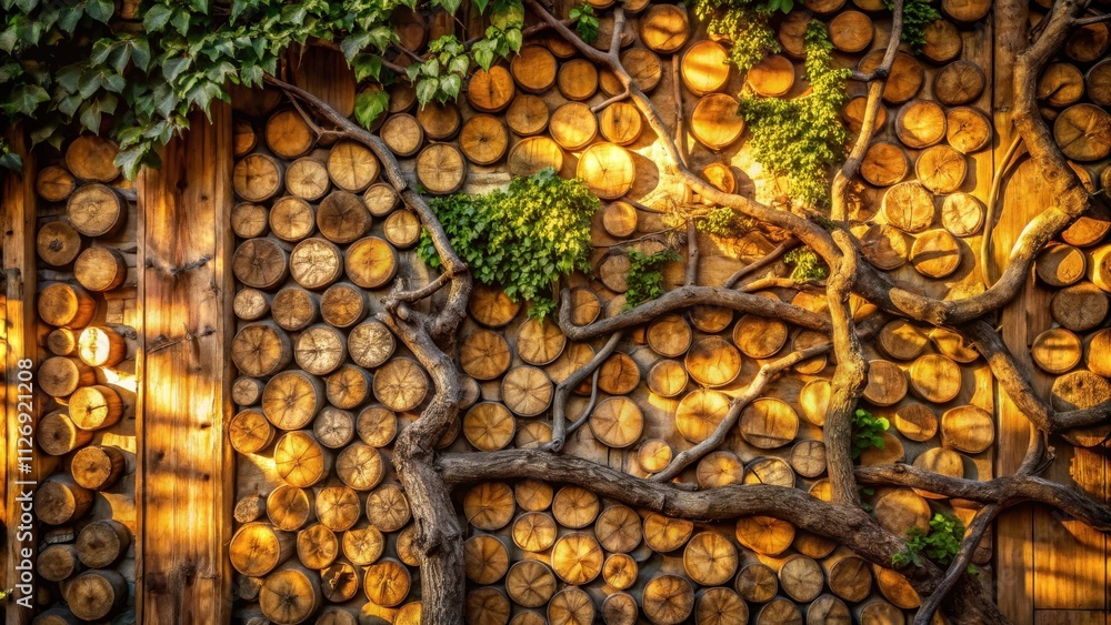 Poster a rustic wall adorned with a captivating tapestry of interwoven branches and circular wooden slices,