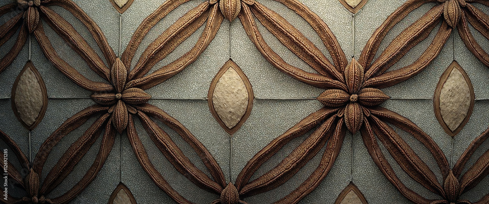 Poster a pattern of brown and white flowers is displayed on a wall. the flowers are arranged in a way that 