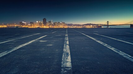 Fototapeta premium A nighttime cityscape view with a parking lot foreground and illuminated skyline.