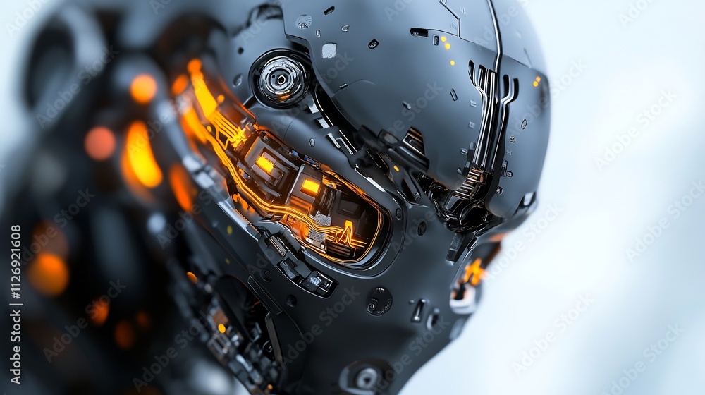 Canvas Prints Close-up of a futuristic robot head with glowing orange internal components.