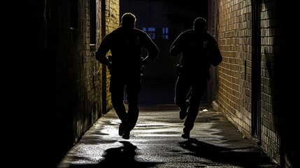 Police Officers Pursuing Suspect in Dark Alley During Nighttime Chase