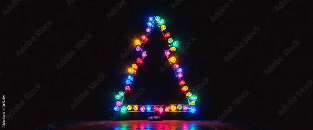 Poster a christmas tree made of lights is lit up in a dark room. the lights are arranged in a triangular sh