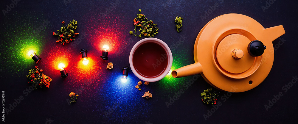 Poster a white tea set with a teapot and a cup of tea is placed on a table with other items. the table is d
