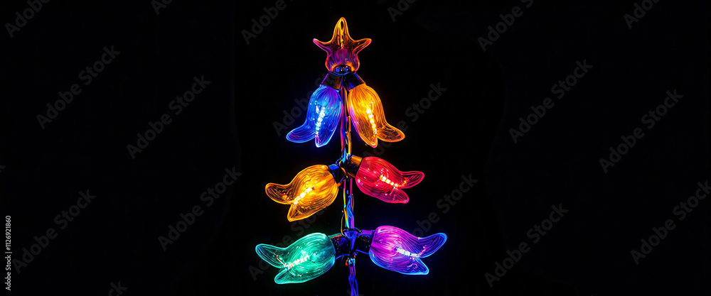 Poster a christmas tree made of lights is lit up in a dark room. the lights are arranged in a triangular sh