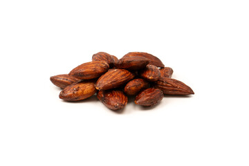 A group of caramelized almonds isolated on a white background.