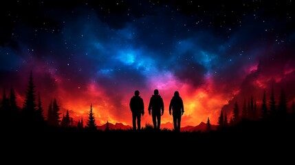 Three Silhouettes Walking Under A Vibrant Night Sky